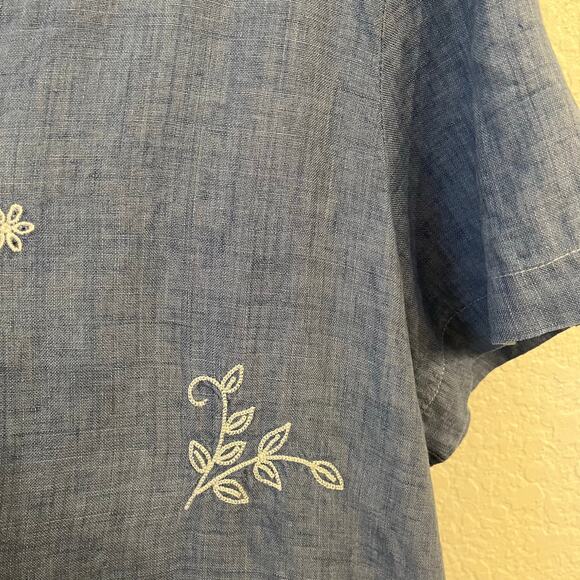 VTG Josephine Chaus 100% Linen Embroidery Button Up Shirt L Blue Coastal Grandma - Picture 7 of 13